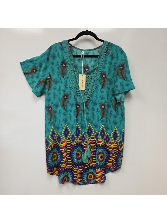Ekouaer Tops - Ekouaer Blouse Womens L Multicolor V Neck Short Sleeve Peacock Crochet Tunic Top